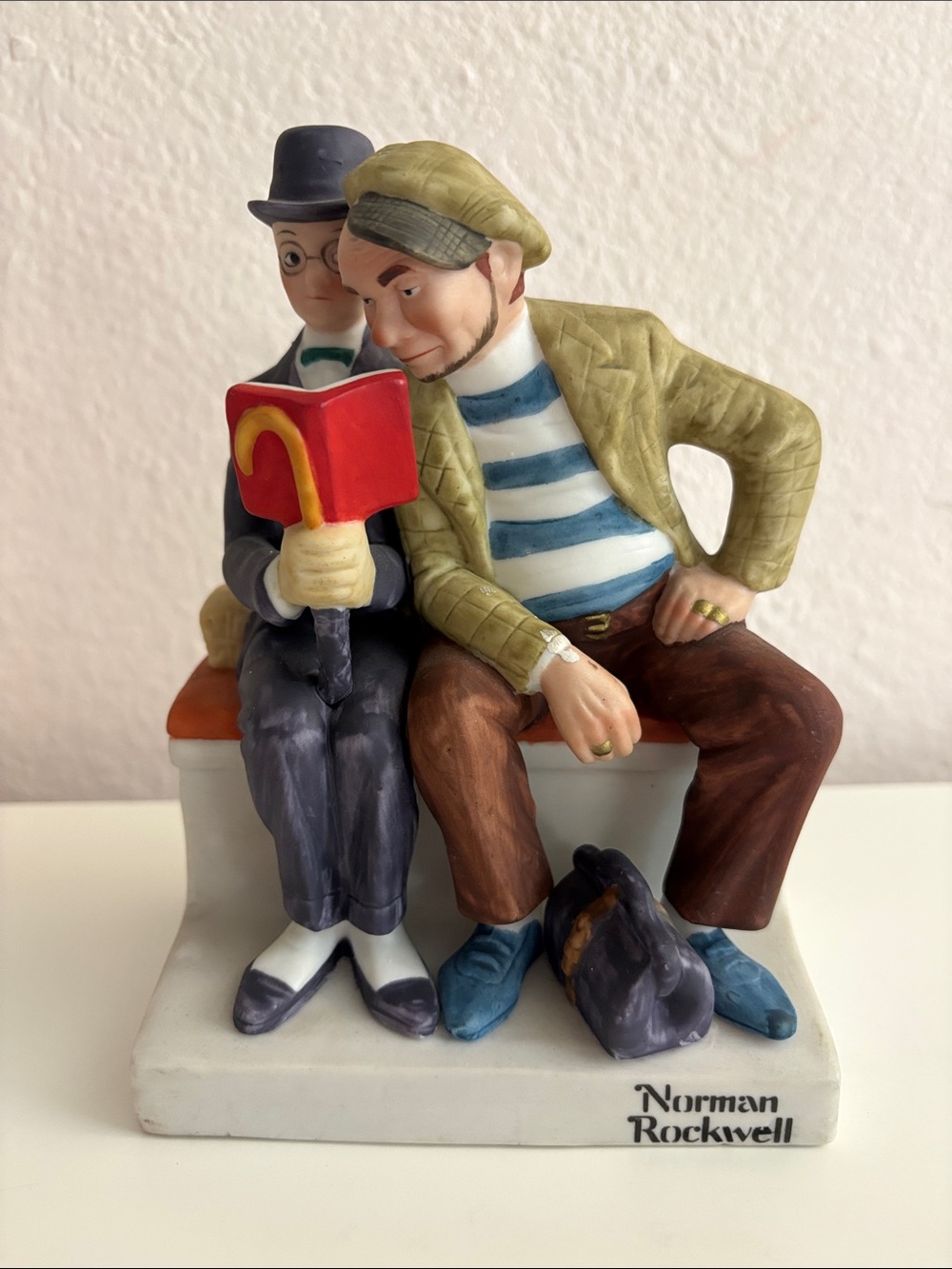 Norman Rockwell Two Men Reading Figurine — Red, Blue, Brown, Cream